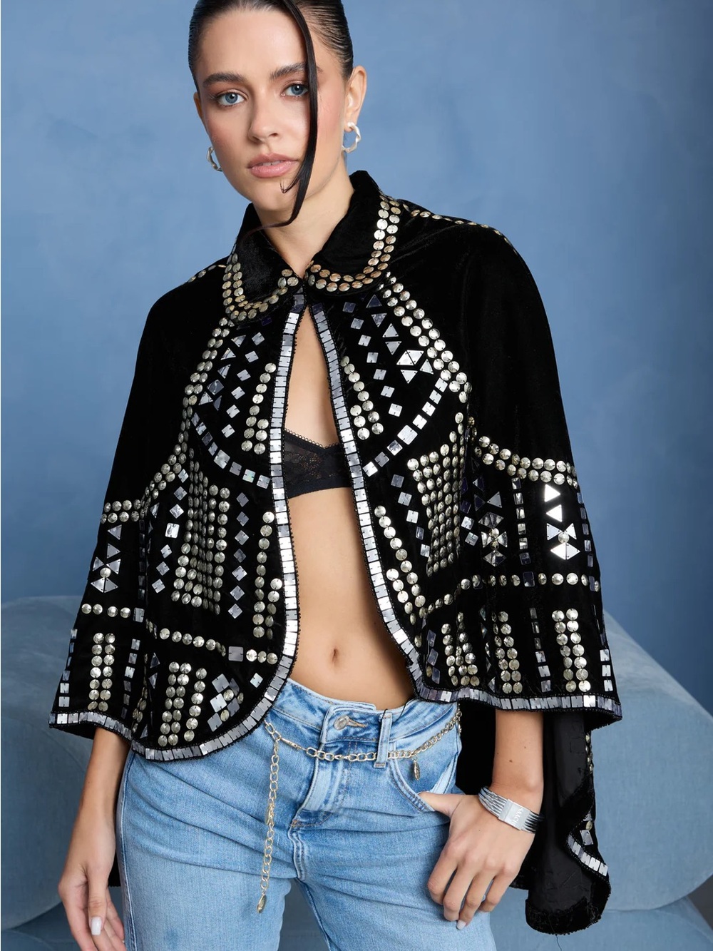 $390 SAACHI BLACK VELVET EMBELLISHED CAPELET NWT
